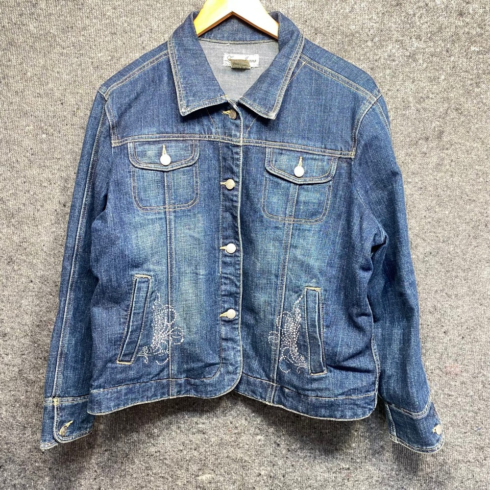 Zena Jeans Womens XL Blue Denim Jacket Rhinestone Embellished Trucker Dark Wash